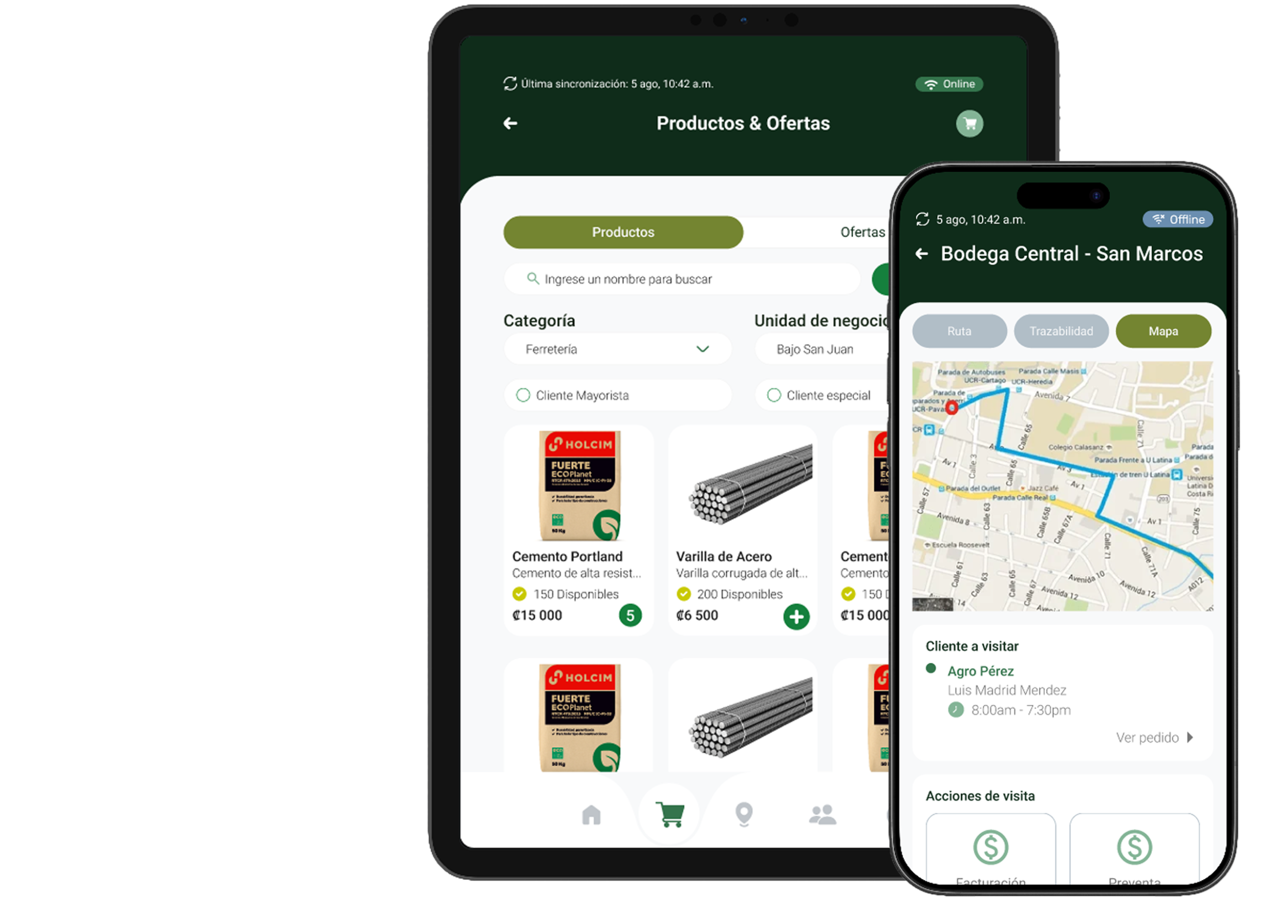 Aplicación empresarial mostrada en tableta y teléfono